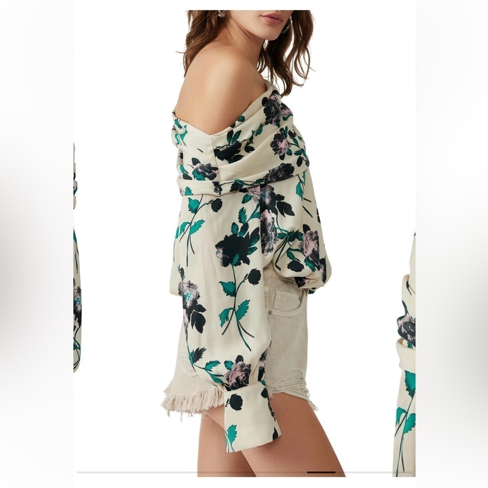 NWT Free People Off-Shoulder Floral Blouse - Black and Green on White - Picture 3 of 7